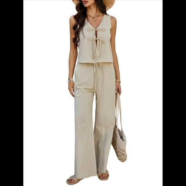 Conjunto de 2 Piezas para Mujer, Chaleco con Cuello en V y Cintura Anudada, Pantalones Casuales de Pierna , Color Albaricoque , Talla S