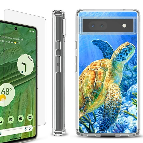 Shockproof Bumper Phone Case for Google Pixel 6a, with Tempered Glass Screen Protector, by OneToughShield ® - Sea Turtle