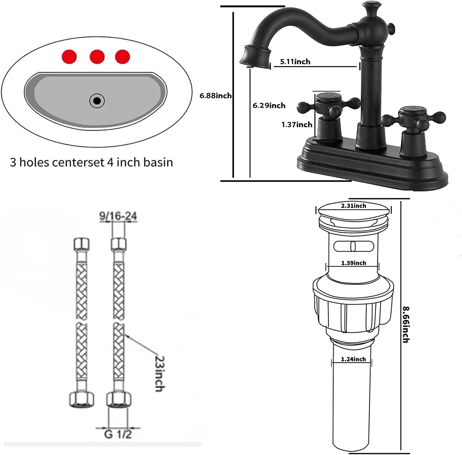 GGStudy Bathroom Faucet Matte Black 2 Handles 4 Inches Centerset RV Black Bathroom Vanity Faucet with Drain Assembly and Supply Hose Lavatory Faucet Mixer Double Handle Tap