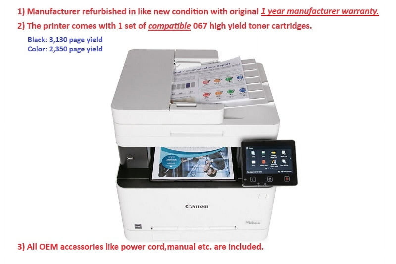 Canon MF654CDW - Laser Color All In One, Wireless, Mobile Ready Duplex Laser Printer (Manufacturer reconditioned, 1 year warranty from Canon, compatible high yield Toner cartridge 3,130 pages)