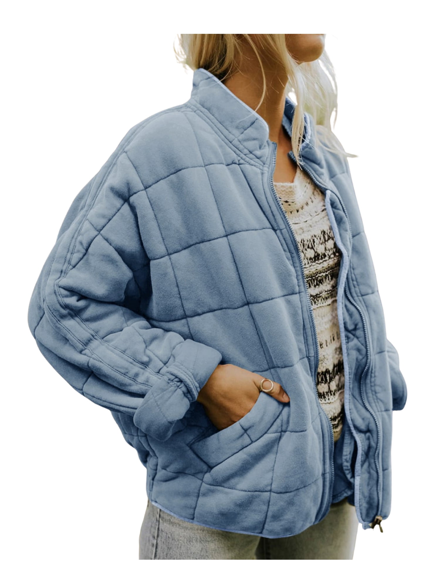 Womens Dolman Lightweight Quilted Jackets Zip Up Long Sleeve Stand Neck Warm Winter Outwears
