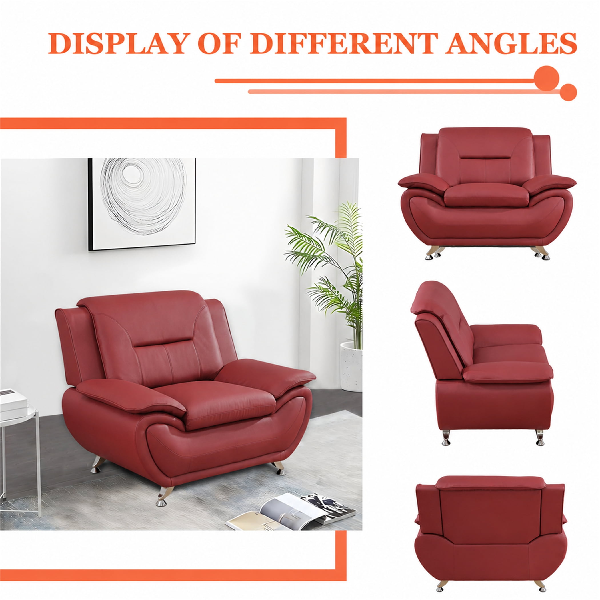 Aukfa 46" Wide Upholstered Sofa Small Couch Armchair, Faux Leather, Red