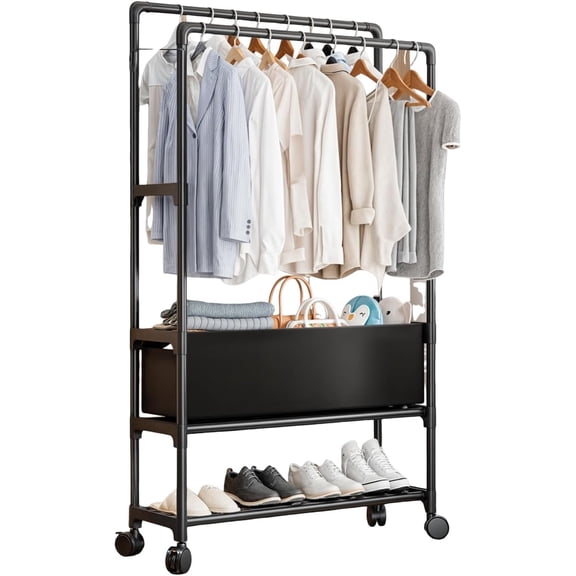 Standing Rack Multi-Functional, Closet Rack with Storage Basket Portable Independent Clothes Hanger Storage with Wheels and Shoe Rack