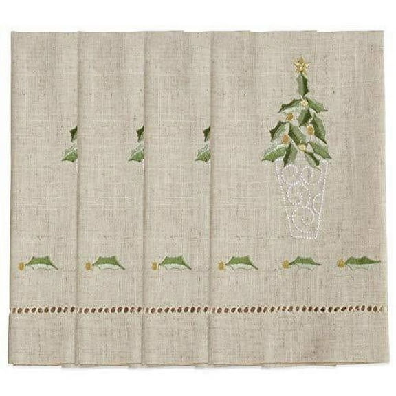 Fennco Styles Embroidered and Hemstitched Design Topiary Linen-Poly Guest Towels 14 x 22 Inch, Set of 4