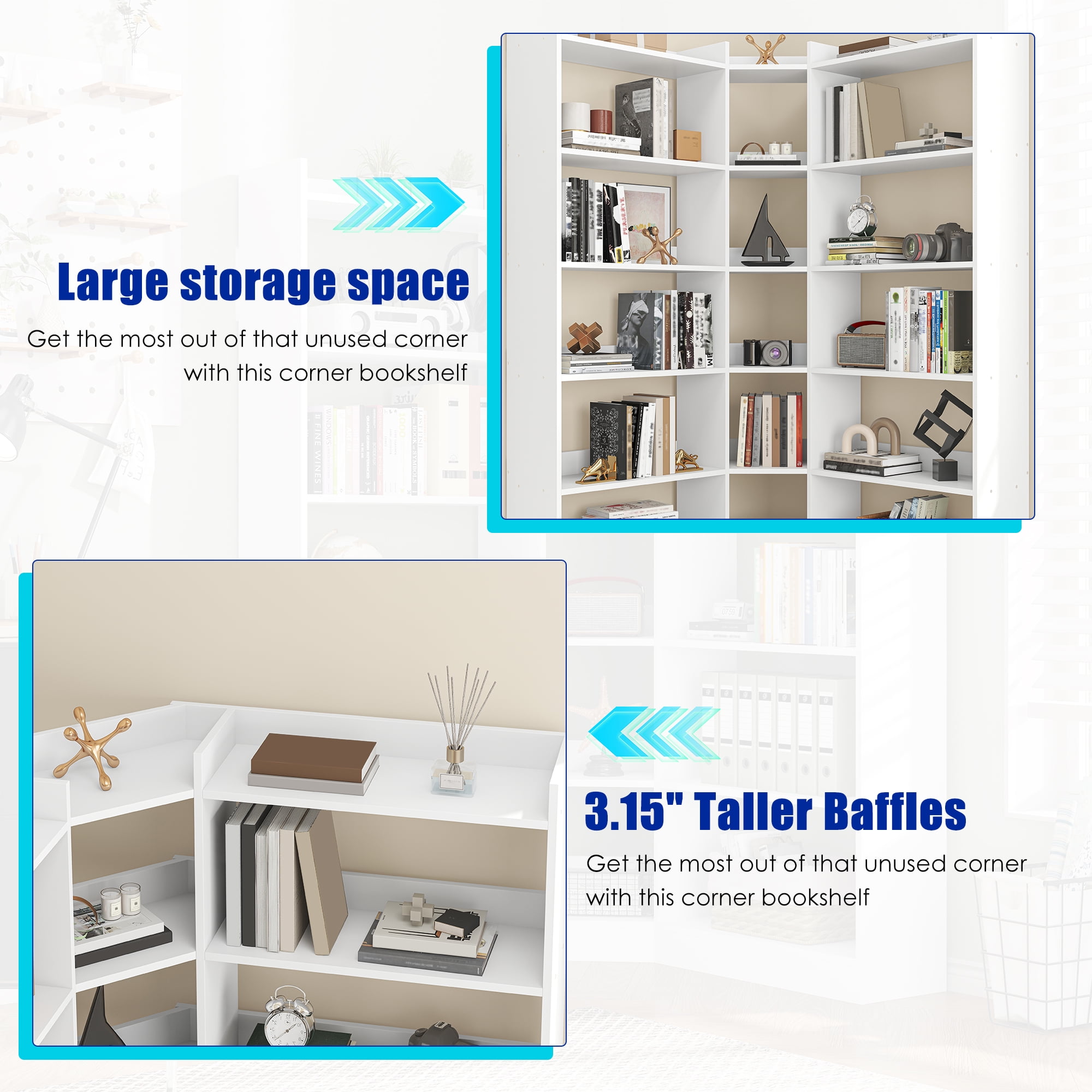 Triple Wide Corner Bookcase with 15 Cube, 6-Tire Bookshelf Display Storage Cabinet, Modern L-Shape Shelf Living Room Furniture for Home Office, White