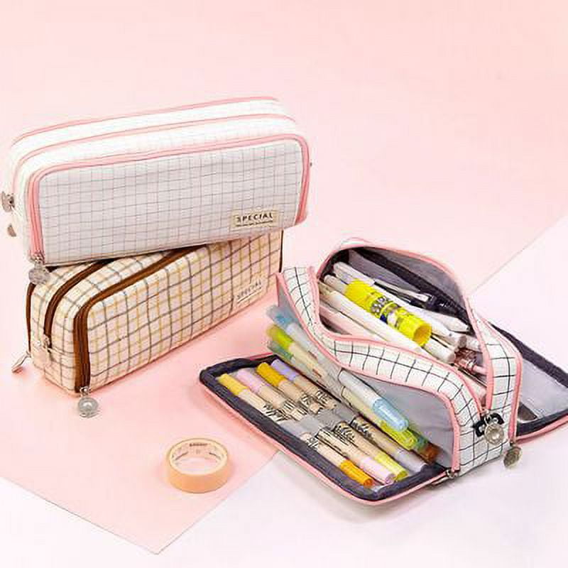 Namotu Pencil Case Grid Pencil Pouch with 3 Compartments Stationery Bag Pencil Bag for Girls Teens Students Art School and Office Suppli, Girl's, Size: Small