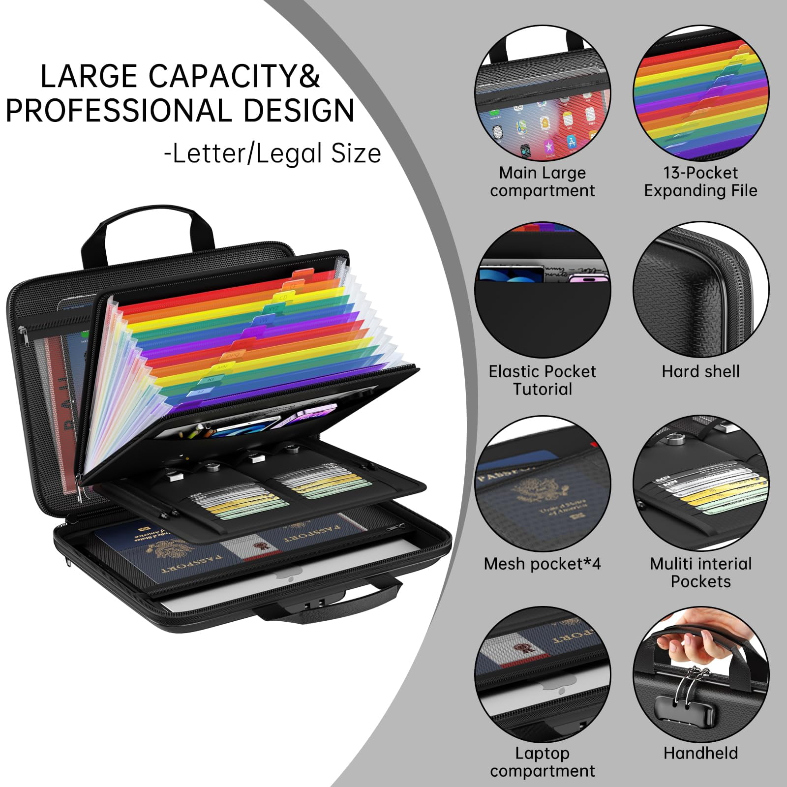 Fireproof File Organizer,Fireproof Document Box with Lock,Hard-Shell Case Fireproof Document Box with 13 Pocket Accordion File Folder for Letter/Legal Document,Laptop,Valuables