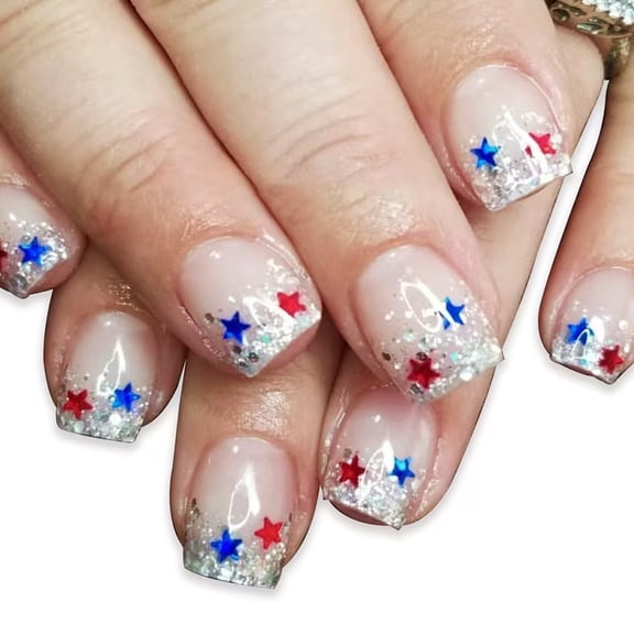 Miiottaa 24x Short False Nail French Tip Press On Nail Independence Day Artificial Nail