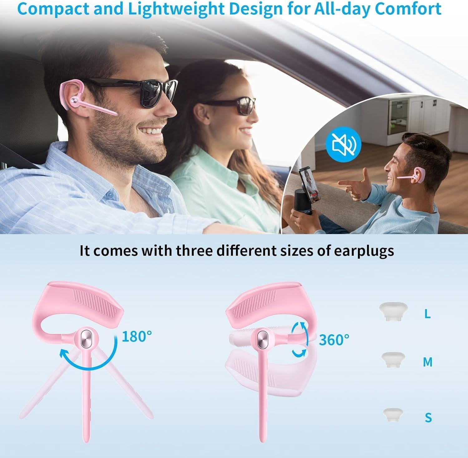 Single Ear Bluetooth Headset, 180H Playtime, 1000mAh Wireless Charging Case, LED Display, Handsfree Mic for Cellphone PC, Trucker Work Game