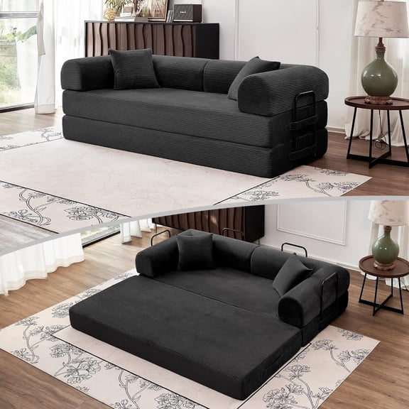 79" Convertible Sofa Bed, 5-in-1 Folding Boneless Couch, Pull Out Floor Sleeper, Modular Lounge Sofa for Living Room Bedroom, Multi-Function Foldable Sofa, Black