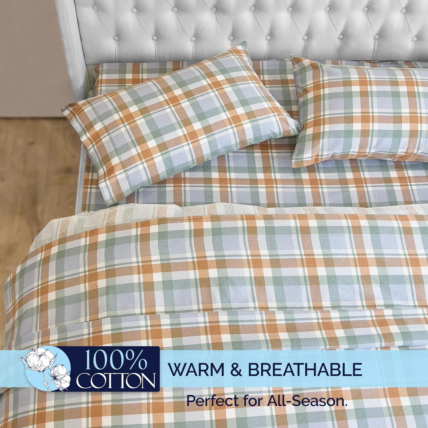 Elegant Comfort Soft 4-Piece Cotton Flannel Sheet Set -Deep Pocket Fitted Sheet, Flannel Sheets - Queen, Plaid Coral