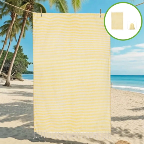 Large Fringed Striped Beach Towel with Backpack Carry Bag, Microfiber, Fast Drying & Sand Free, Extra Large 59x39 Inches for Travel, Camping, Pool, Picnic