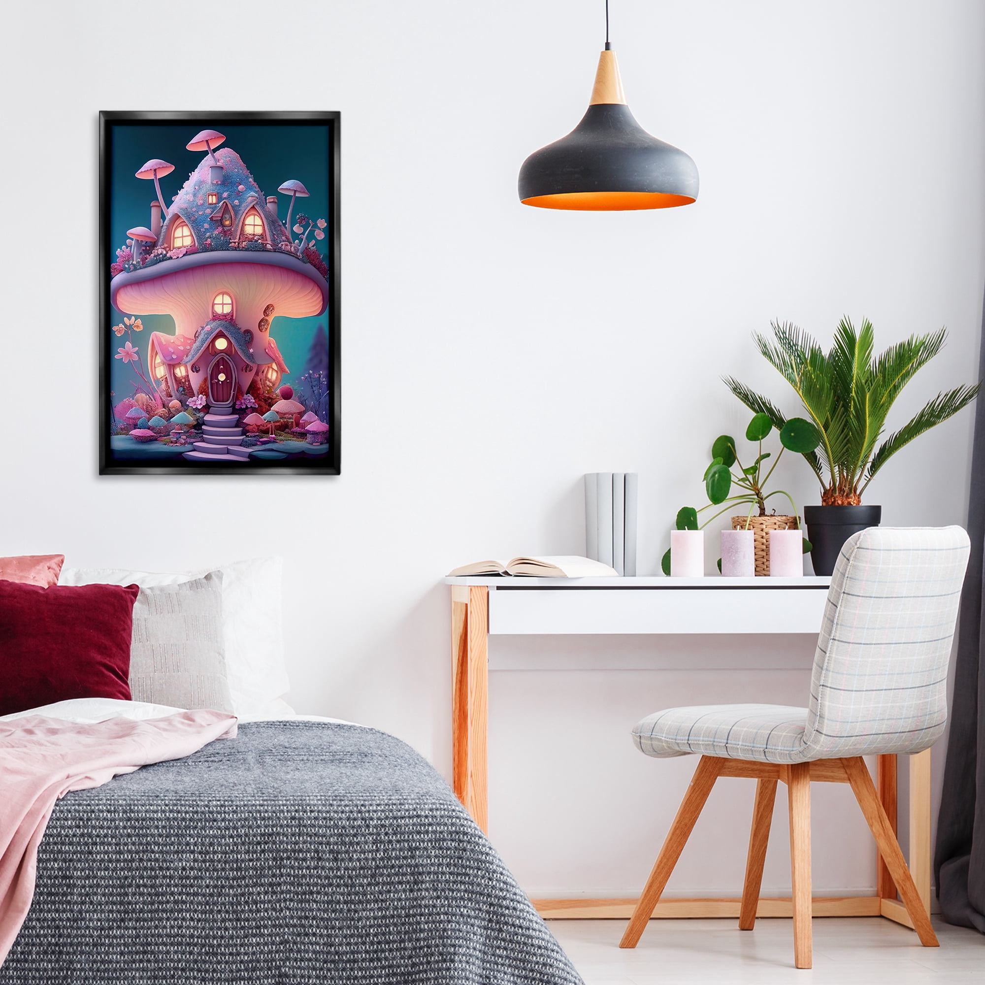 Stupell Industries Mystical Mushroom House Town & City Painting Black Floater Framed Art Print Wall Art, 21 x 31