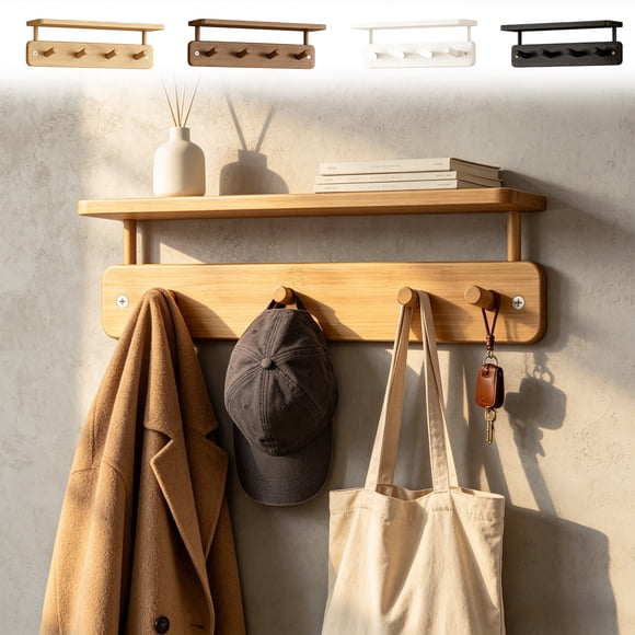 YYV Wall-Mounted Hook Rack with Shelf Heavy-Duty Non-Rusting Coat Hat Towel Holder Includes Assembly Video Space-Saving Wall Organizer Practical Home Entryway Storage