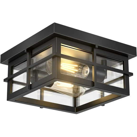 2-Light Black Flush Mount Light Fixtures with Clear Glass Shade Modern Ceiling Light Fixtures Farmhouse Square Ceiling Lighting for Porch Bathroom Kitchen (Bulbs Not Included)