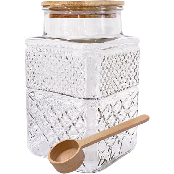 Large Glass Jar with Wood Lid and Spoon 60 OZ Square Thick Glass Storage Jars Airtight Lids Clear Decorative Vintage Canister for Food Candy Cookie Sugar Coffee Nuts Snack Dog Treat