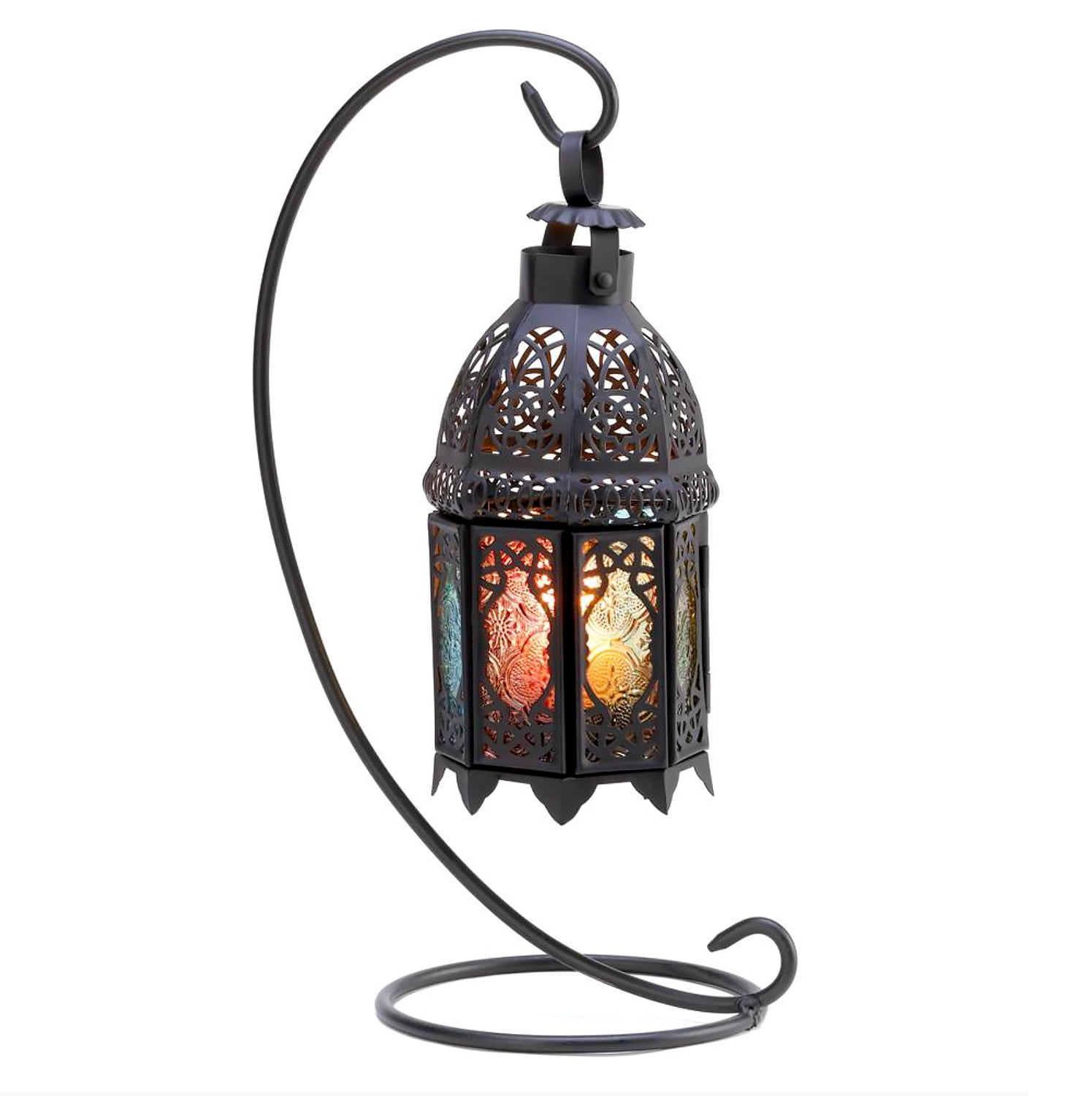 Rainbow Moroccan Iron and Glass Hanging Tabletop Lantern