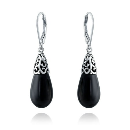 - Bali Style Gemstone Black Onyx Elongated Teardrop Filigree Leverback Dangle Earrings For Women Sterling Silver