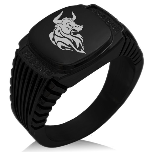 Stainless Steel Gargantuan Minotaur CZ Ribbed Needle Stripe Pattern Biker Style Polished Ring