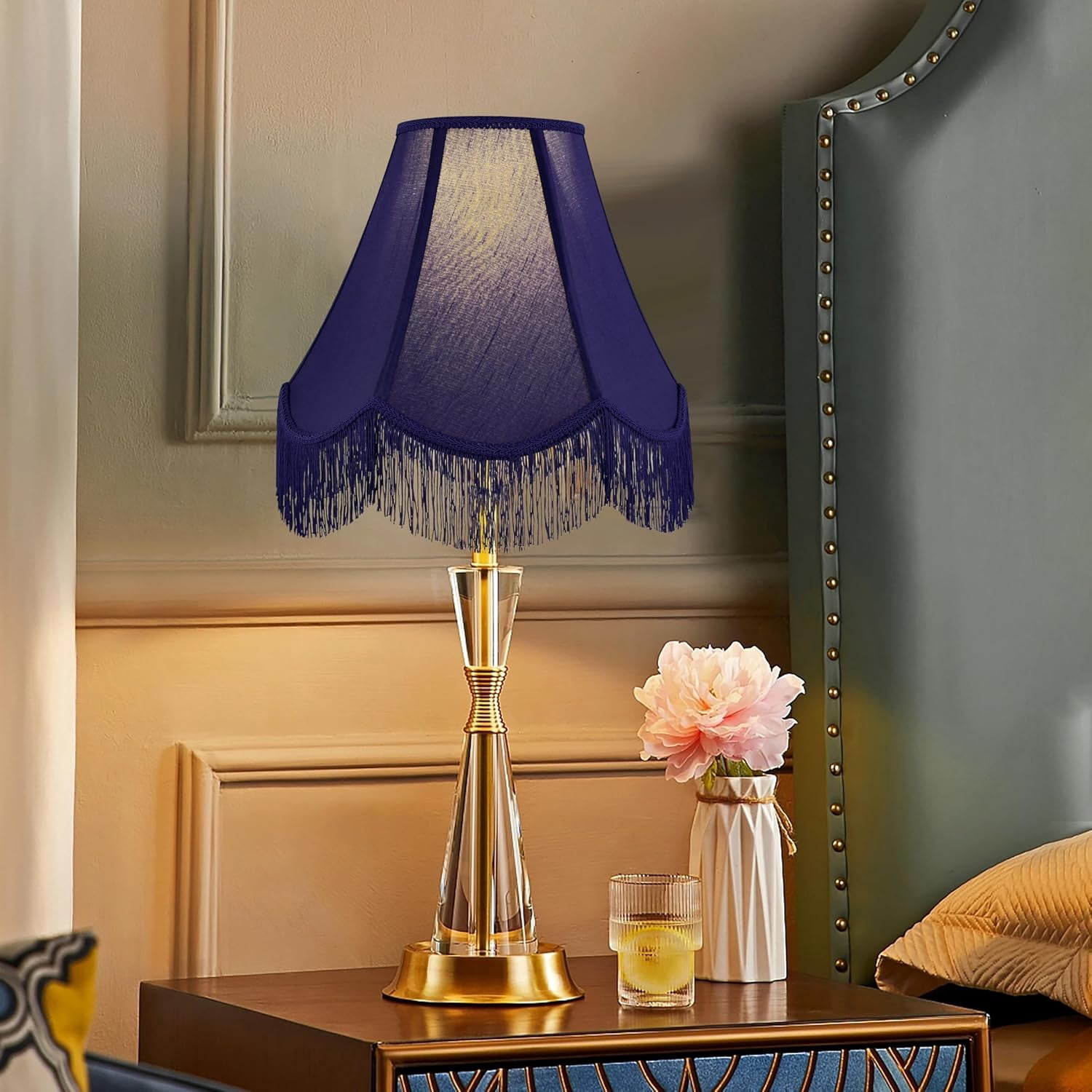 Blue Silk Bell Lamp Shades Set of 2 Petal Edge Braid with Blue Fringe Trim, 6"x13"x10.6"(Spider), Scalloped Lamp Shade Hand Crafted, Replacement Lamp Shades for Table, Floor Lamps,Easy Assembly