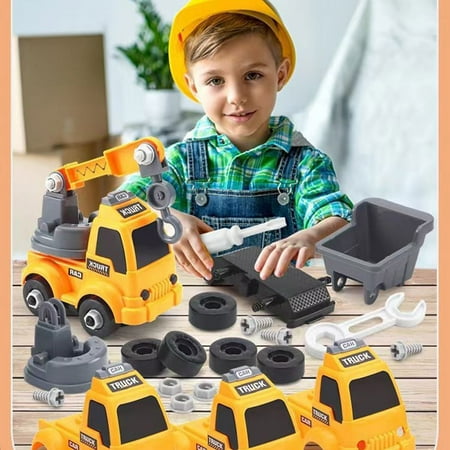 4 Set Take Apart Truck Toys W/Wrench Screwdriver for 3Y+ Kids STEM Building Toy, Build a Dump/Mixer/Excavator/Crane Car, Play Construction Vehicle for Toddlers Boys & Girls