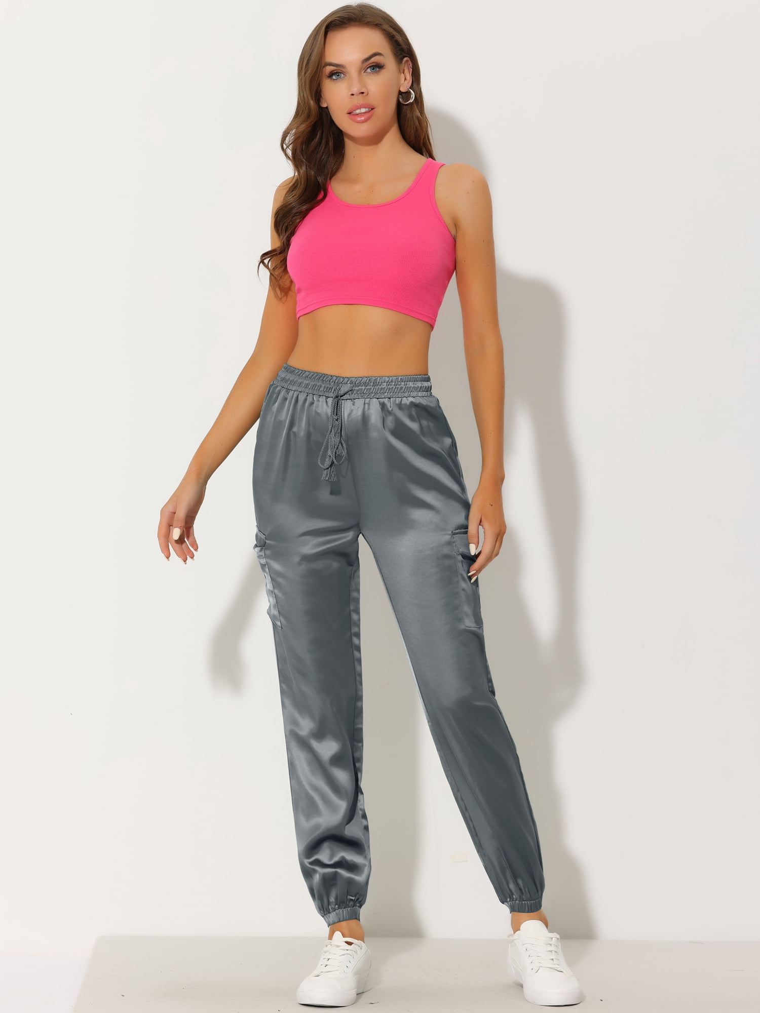 DARING DIVA Women's Drawstring Elastic High Waist Satin Cargo Pants S Grey