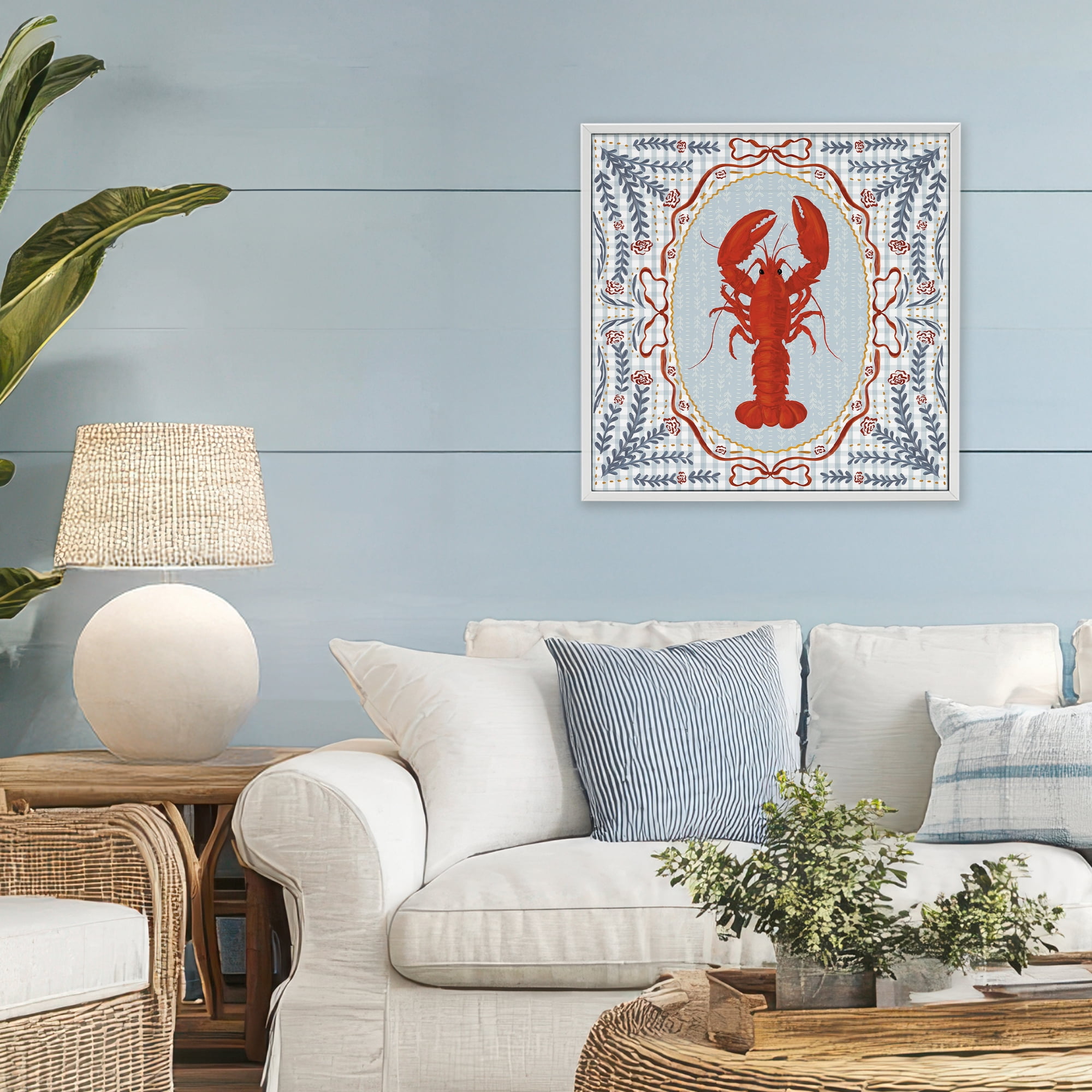 Stupell Industries Lobster Portrait Blue Gingham White Framed Giclee Art, design by Vero Illustrates