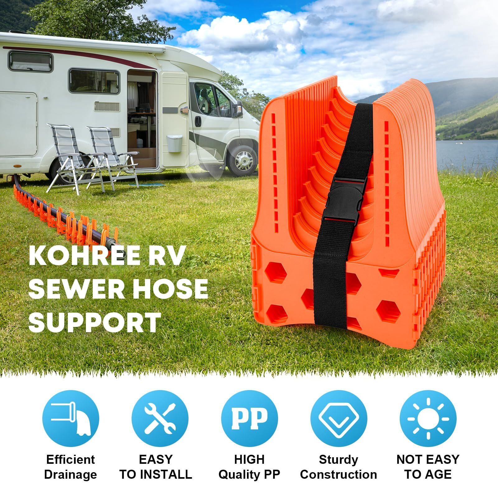 Kohree RV Sewer Hose Support,Heavy-Duty with Height Adjustable for Campers,Orange - 15-Foot