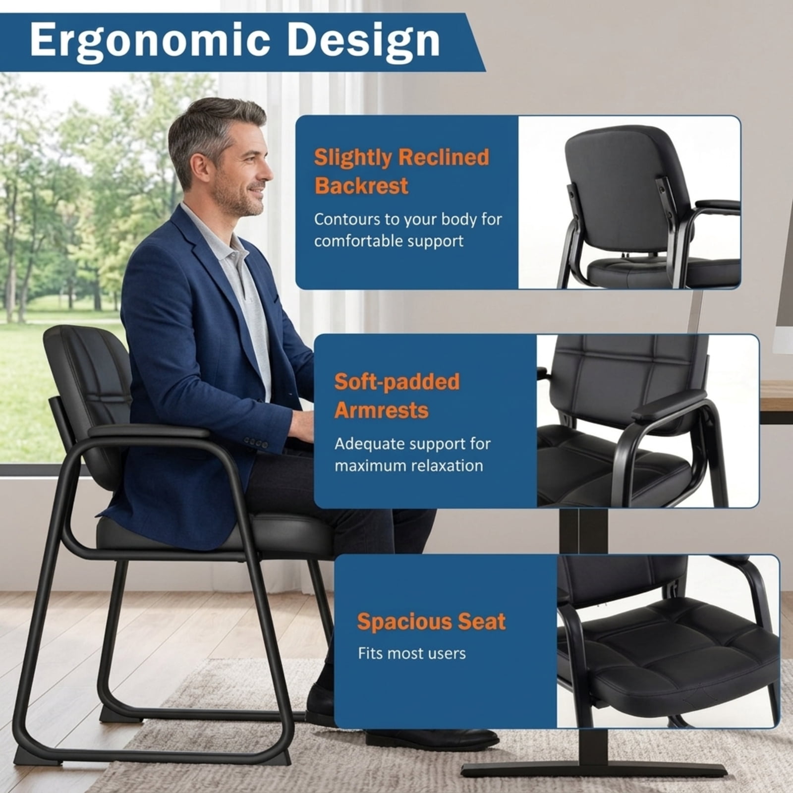 Furnibear Set of 2 Waiting Room Guest Chairs with PU Leather Upholstery and Lattice Back for Home Office and Reception, Black