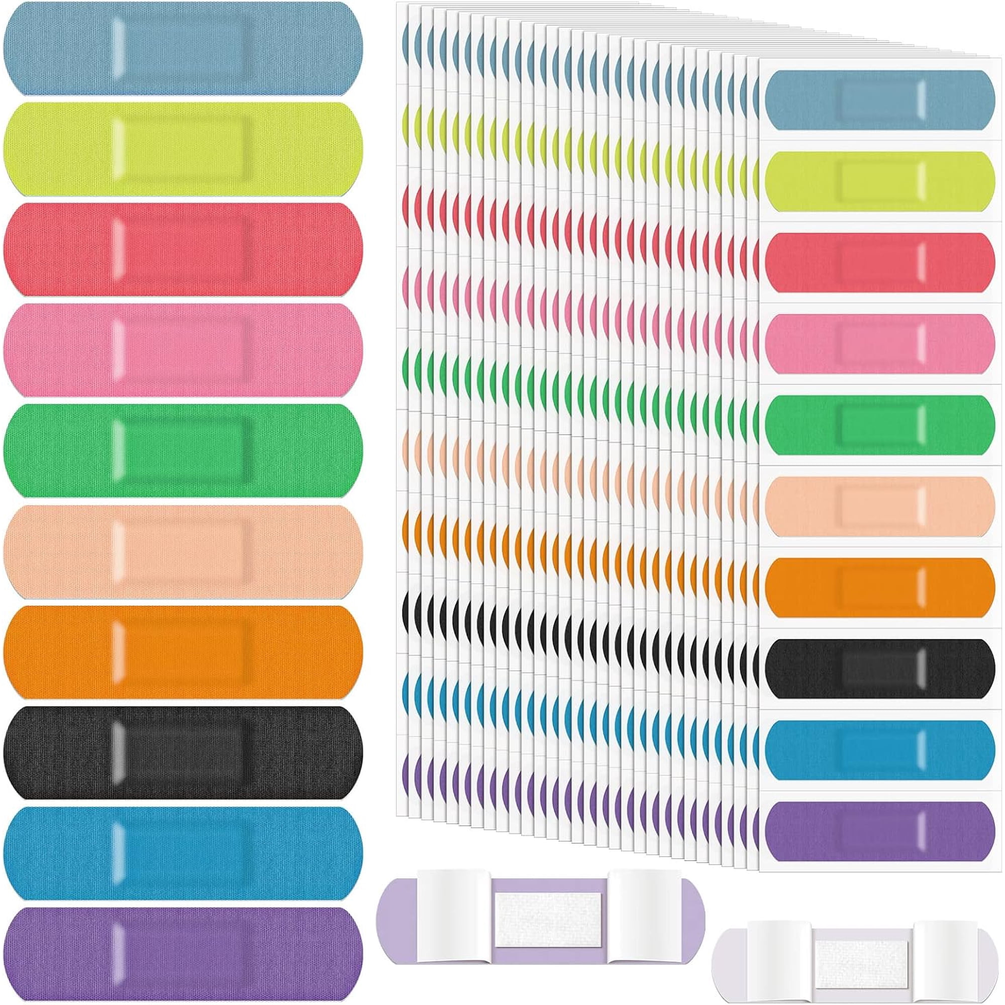 Pukitry 200 Pieces Flexible Fabric Adhesive Bandages Bulk Colorful Waterproof Cloth Bandages 10 Colors Flexible Protection & Wound Care Fingertip Slight Cuts and Scrapes for Aids, 0.7'' x 2.8''