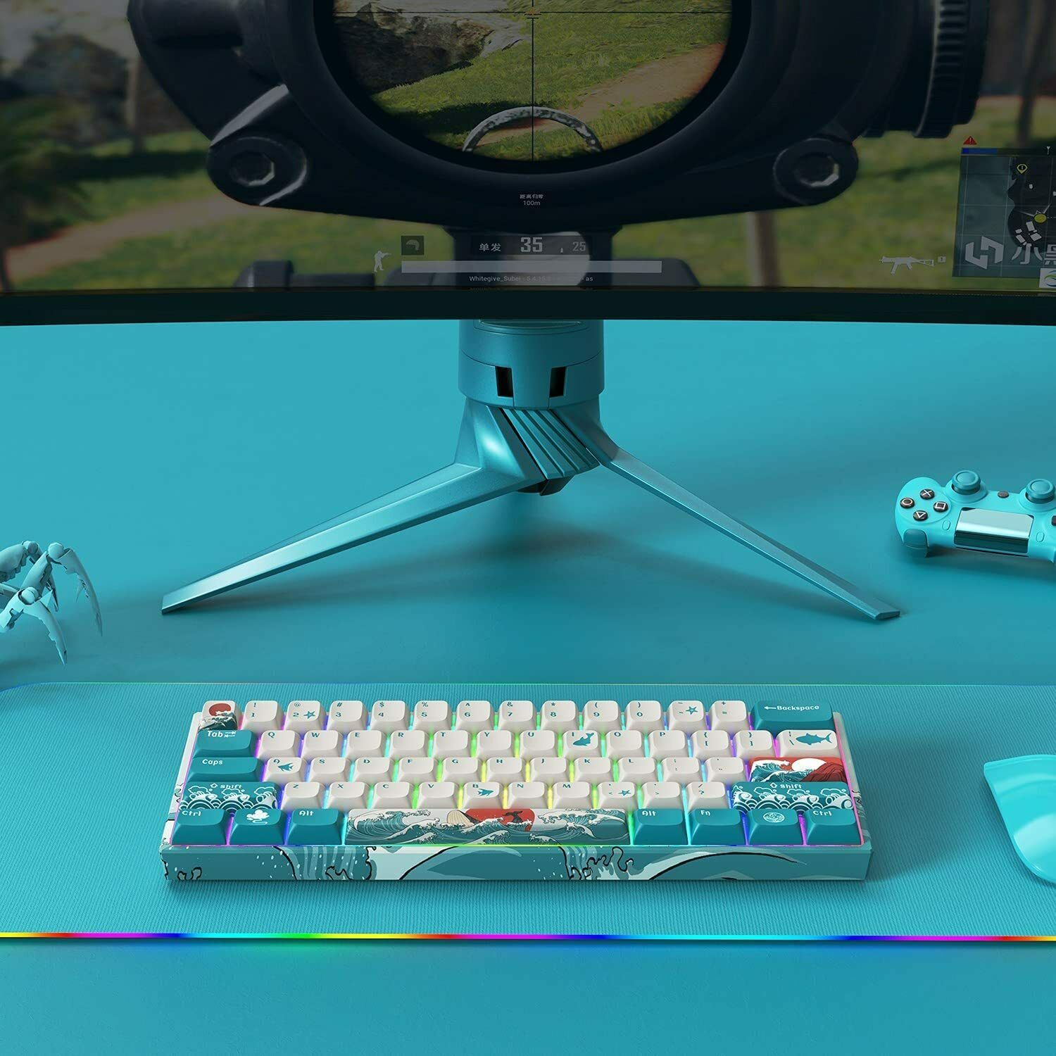 ピンク・ブルー HITIME XVX M61 60% Mechanical Keyboard Wireless, Ultra-Compact 2.4G  Rechargeable Gaming Keyboard, RGB Backlit Ergonomic Keyboard for Windows  Mac PC Ga