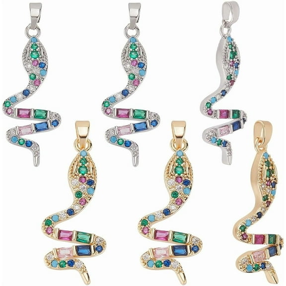 6Pcs 2 Colors Snake Charms 18K Gold Platinum Plated Tiny Dangle Animal Charms Cubic Zirconia Pendants for Bracelets Necklaces DIY Jewelry Craft Making Supplies Colorful