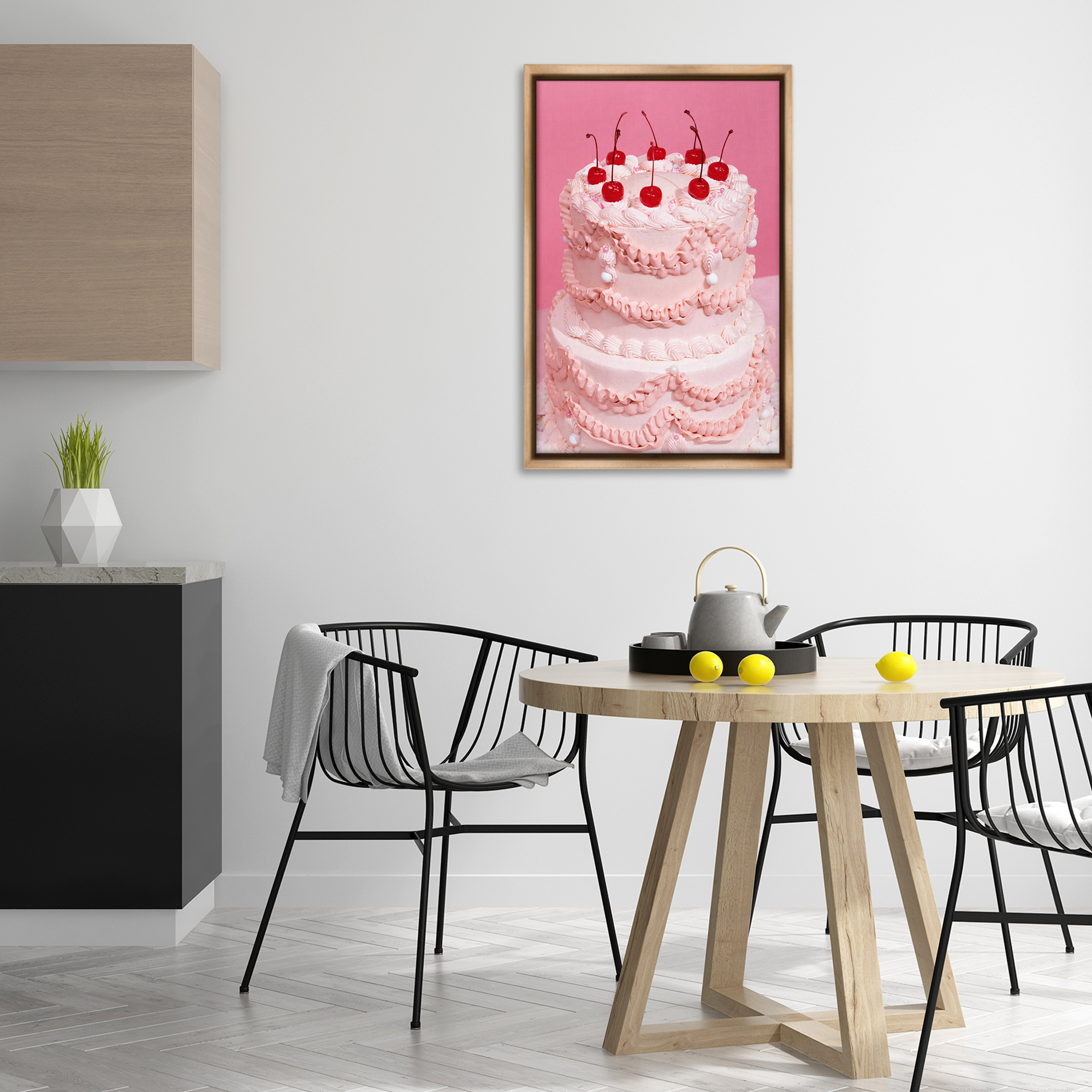 Stupell Industries Pink Cherries Cake Food & Beverage Painting Brown Floater Framed Art Print Wall Art, 21 x 31
