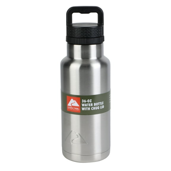 Ozark Trail 36 oz Stainless Steel Water Bottle with Chug Lid – Silver, Insulated for On-the-Go Hydration