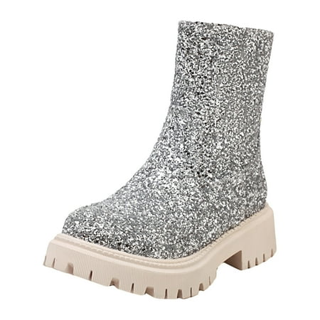 

kpoplk Boots for Women Ankle Booties Wide Fashion Women s Shoes Leather Low Heel Sequin Side Zipper Casual Boots (Silver 6.5)