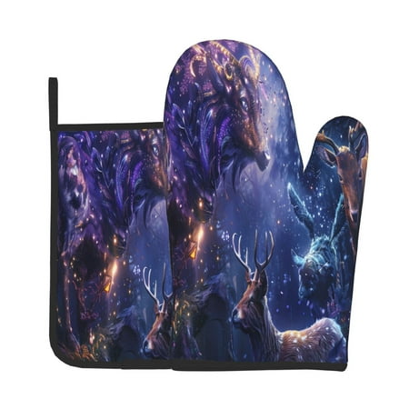 

Bingfone Enchanted Forest Stag Gathering Print Oven Mitts Pot Holders Set 2 PCS for Kitchen for Cooking Grilling Baking BBQ Pot Holders Cook Essentials