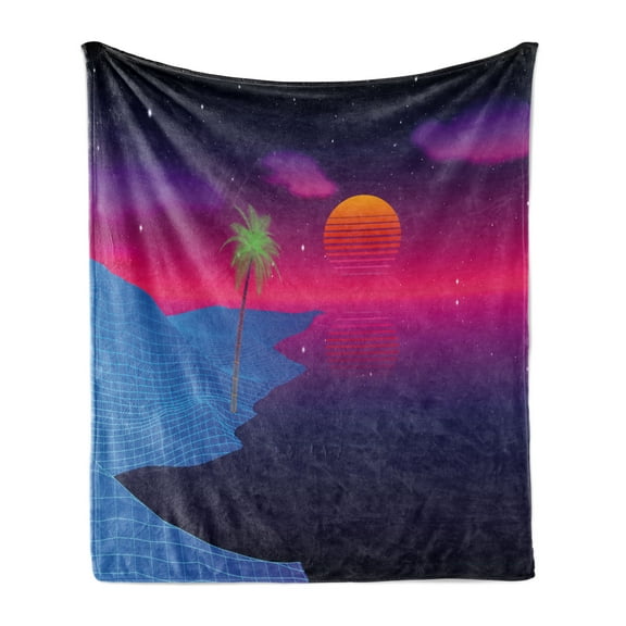 Synthwave Soft Flannel Fleece Throw Blanket, Colorful Abstract Retrowave Beach with Palm and Dusk Sun Video Game, Cozy Plush for Indoor and Outdoor Use, 50" x 70", Indigo and Multicolor, by Ambesonne