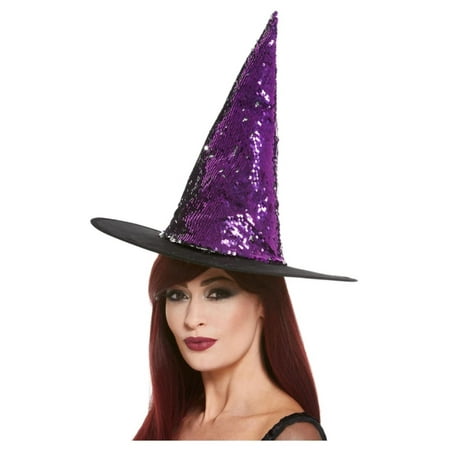 Black and Purple Deluxe Reversible Sequin Women Adult Halloween Witch Hat Costume Accessory - One Size