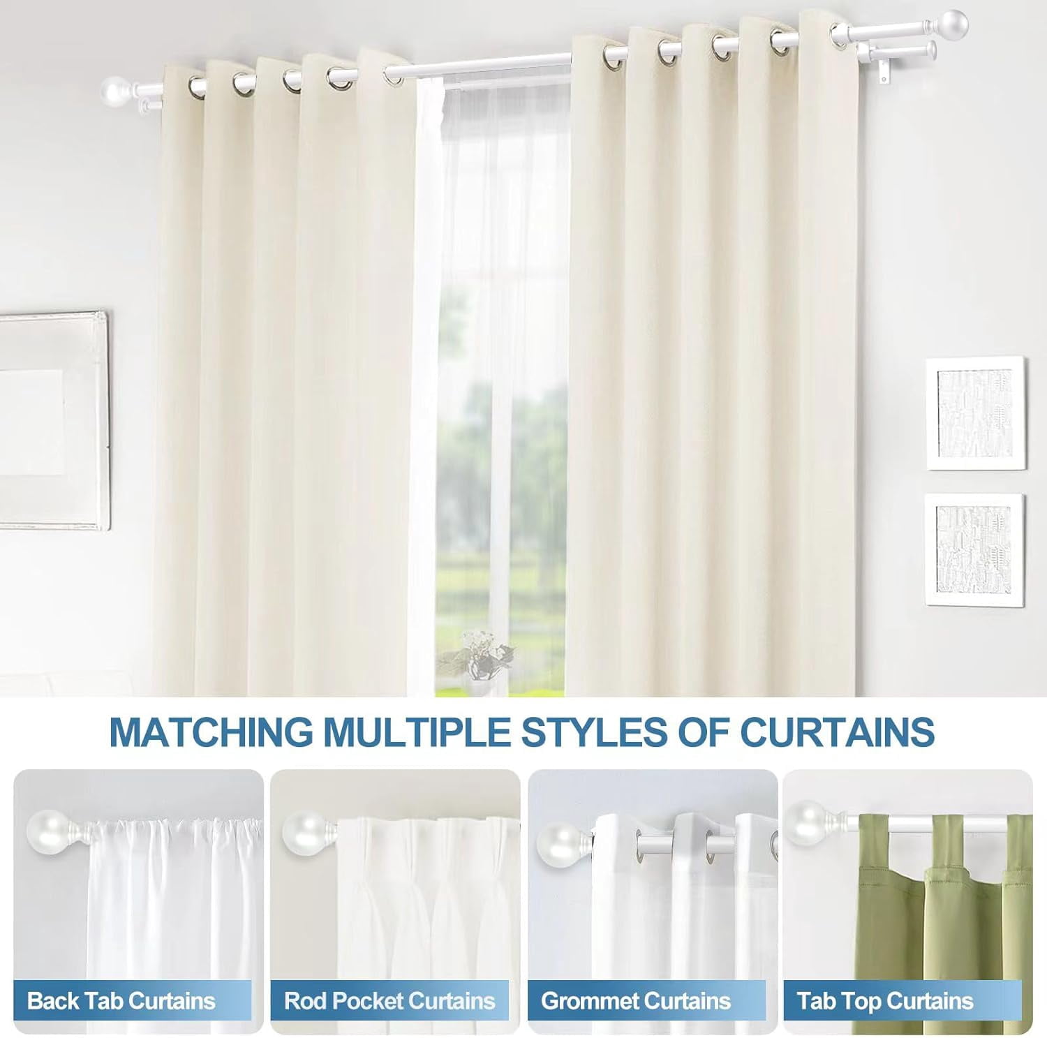 Urbanest Adjustable Double Curtain Rod Set Metal with Decorative Ball Finials, Heavy-Duty, 48"-84", Glossy White