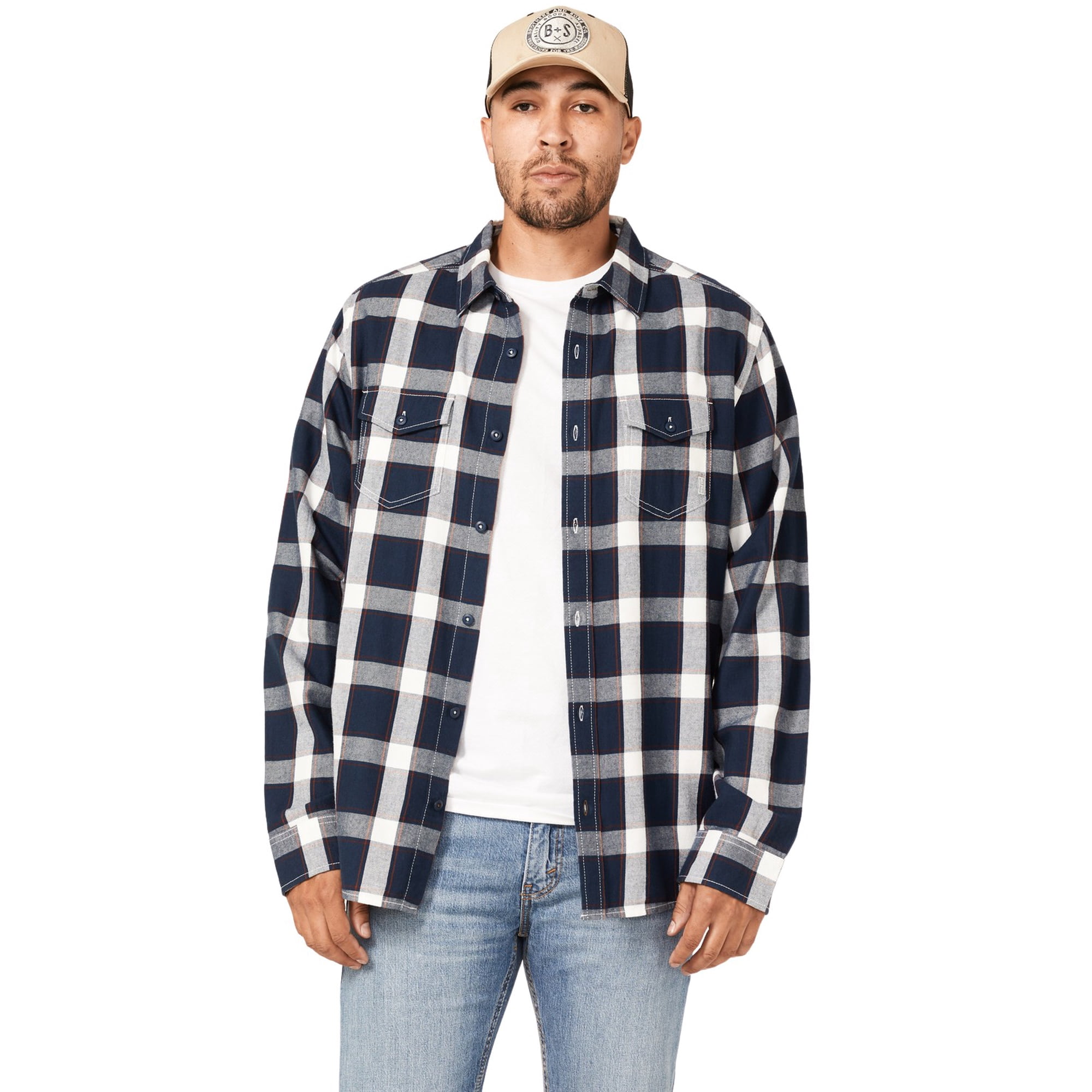 Brothers And Sons Men's Plaid Print Long Sleeve Button Down Western Shirt Navy XX-
