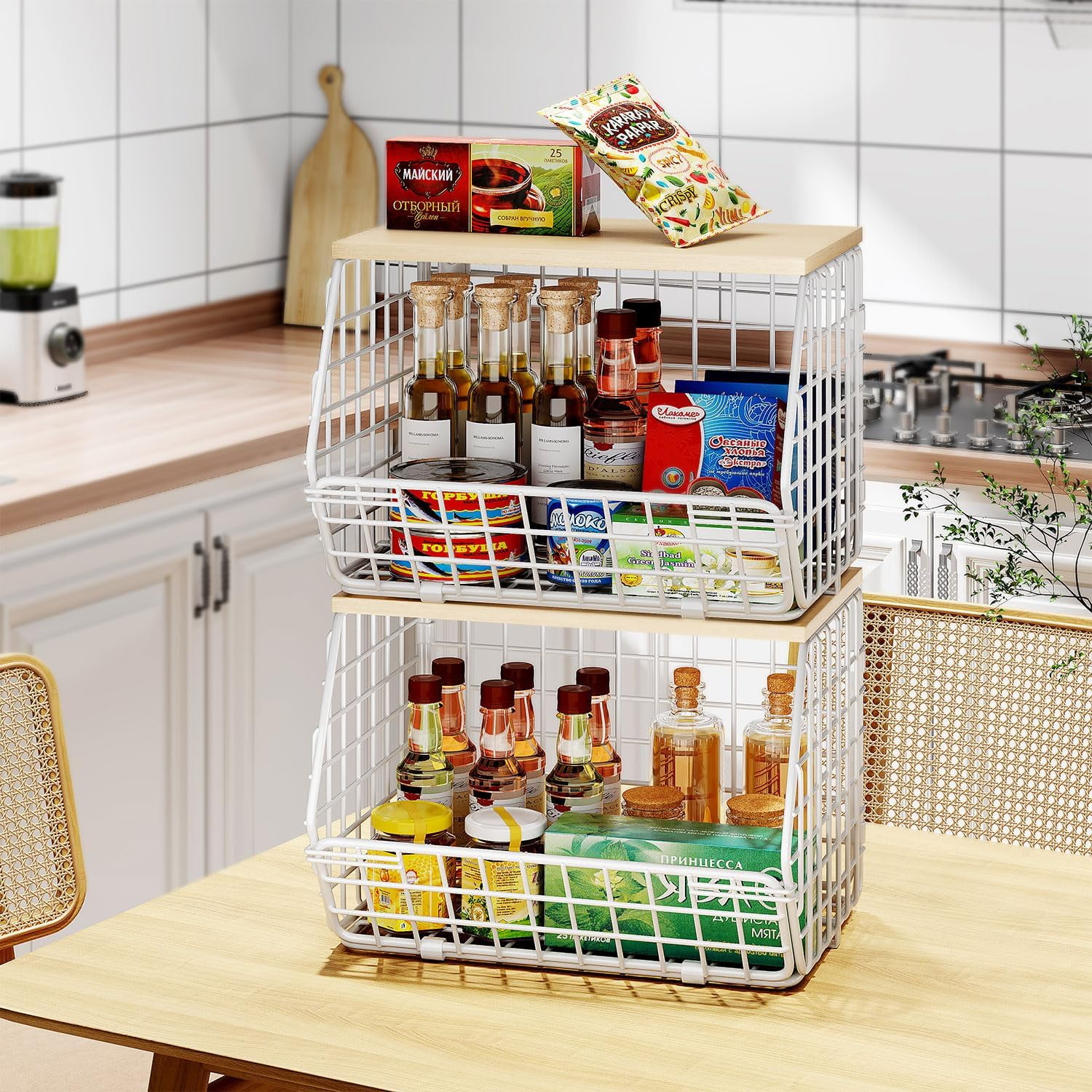 Wetheny 2pcs Wall Mounted Wire Basket Fruit Basket with Wood Top - Kitchen Pantry Organization and Storage, Stackable Tiered Hanging Baskets for Fruits, Onion, Potato, Produce, Vegetable,Storage