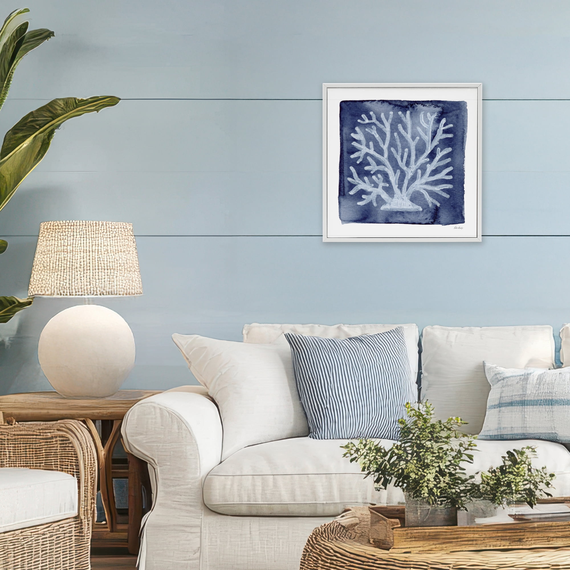 Stupell Industries White Coral on Indigo White Framed Giclee Art, design by Patti Bishop