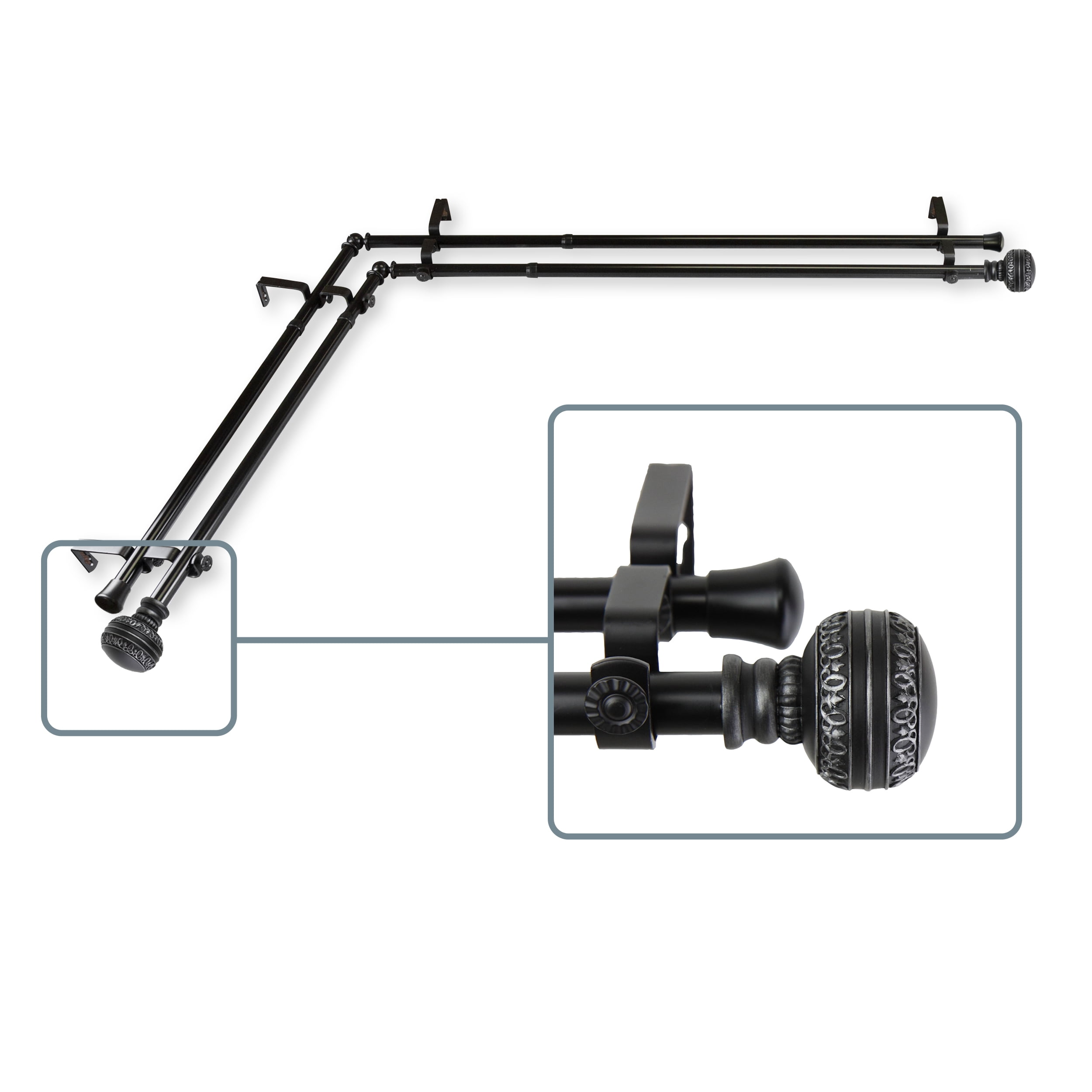Galileo 13/16 inch Double Corner Window Curtain Rod 28-48" - Black