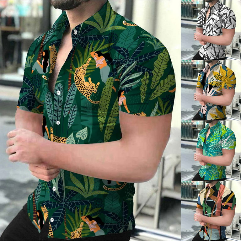 sckarle Men's Summer Dress Shirts Short Sleeve Floral Printed T Shirt Fashion Slim Fit Beach Hawaiian Button Down Shirt, Size: Mens Tops Large, Orange