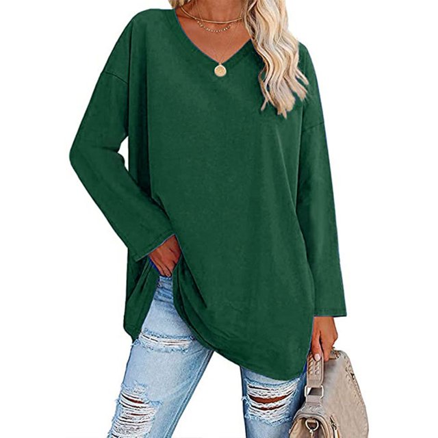 Camiseta de manga larga para mujer Ticfox Cuello en V gran tamaño Color sólido Transpirable Suave Verde M