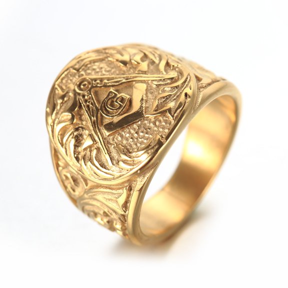 Mens Vintage Masonic Titanium Steel Ring, European American Style, Geometric Design, Electroplated Finish