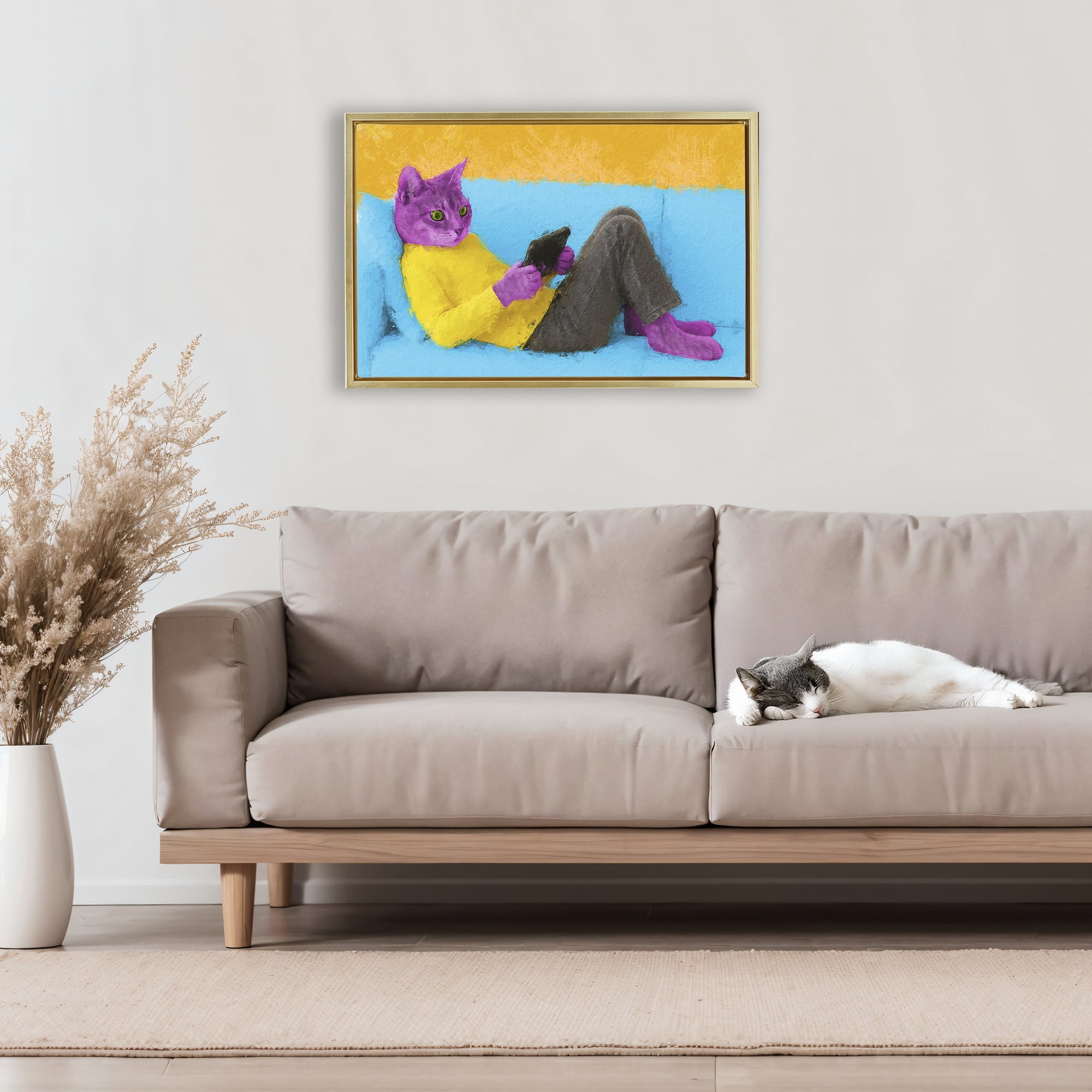 Stupell Industries Vibrant Cat Playing Game Gold Framed Floater Canvas Wall Art, design by Sean Parnell