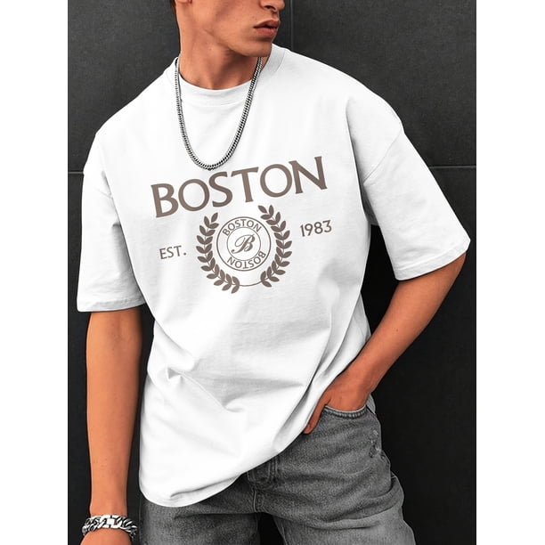 Regular Size Boston 1983 Print Crew Neck Short Sleeve Men's Comfortable Versatile Tee for Summer Daily Wear