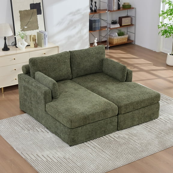 Noble House Norris 64" Chenille Modular Sofa Bed, Oversized Sleeper with Cushions & Metal Legs for Living Room, Green