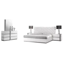 Luxurious White Lacquer Wood Bedroom Set 3PC, Queen Size Plarform Bed, Dresser and Mirror